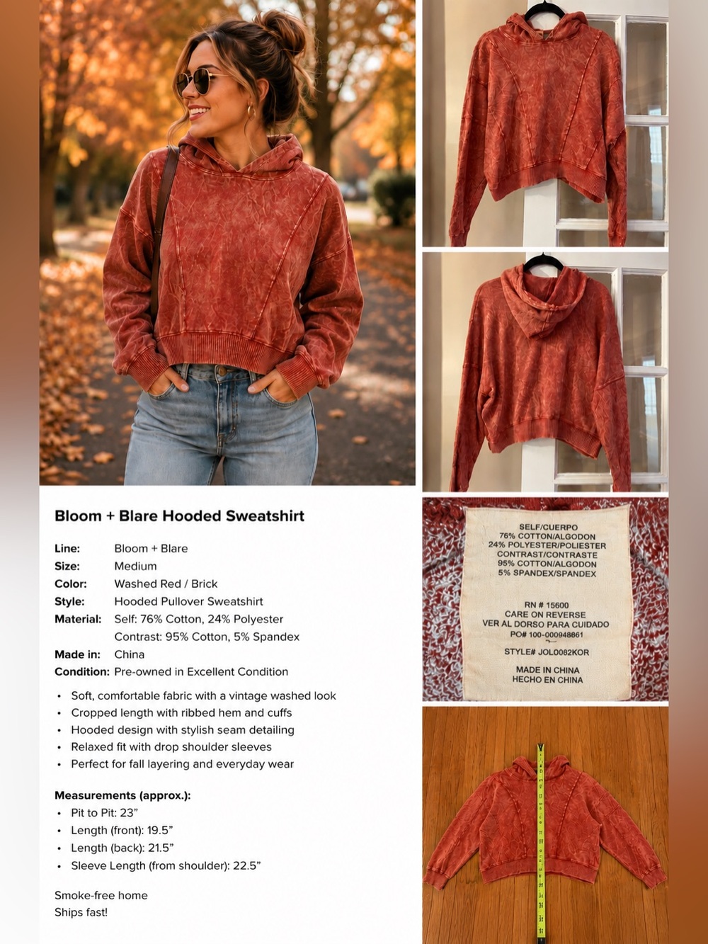 Bloom + Blare Washed Red/Brown Hooded Pullover Sweatshirt